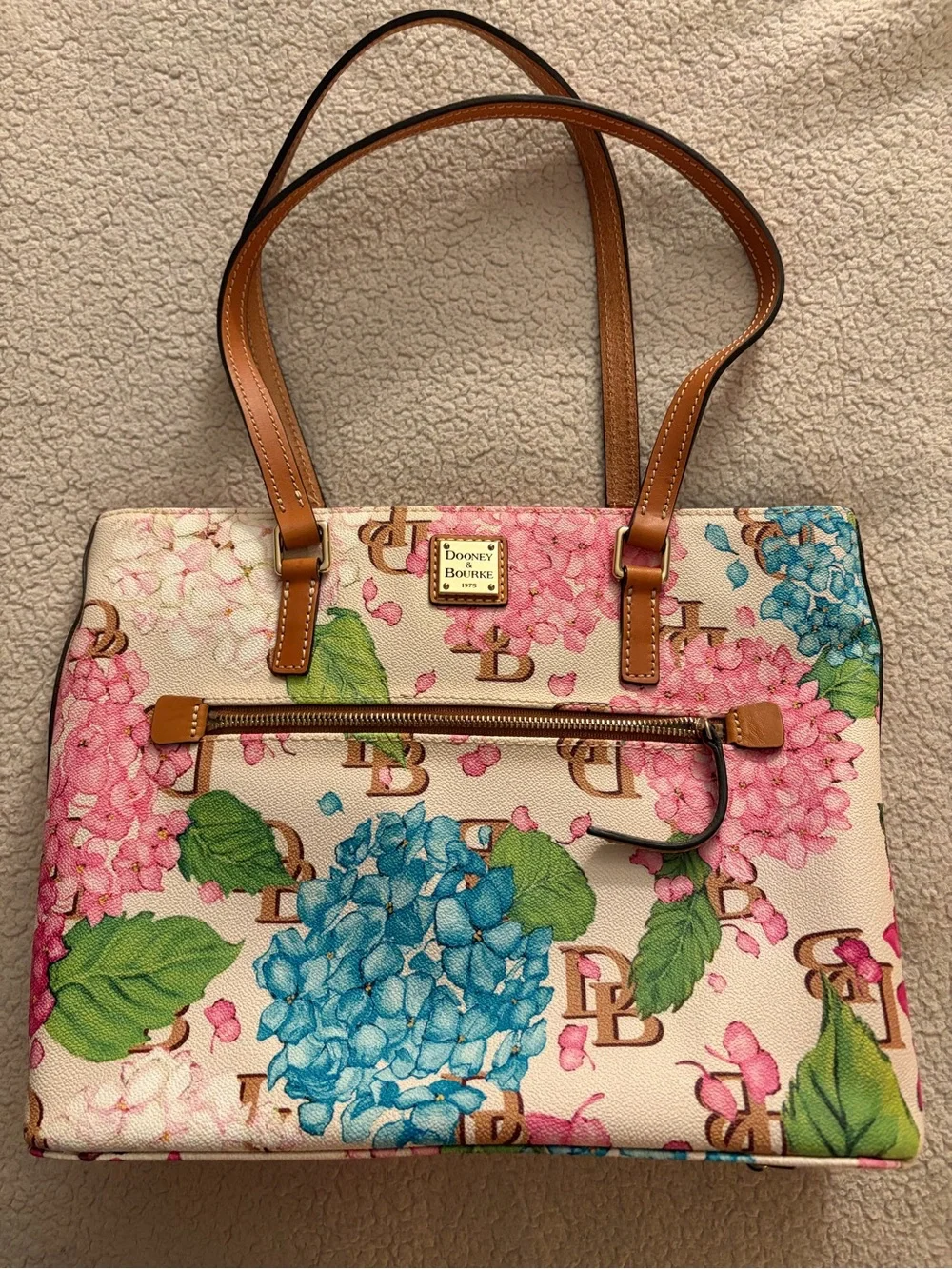 Dooney & Bourke Pink & Blue Hydrangea Logo Tote with Tan Trim